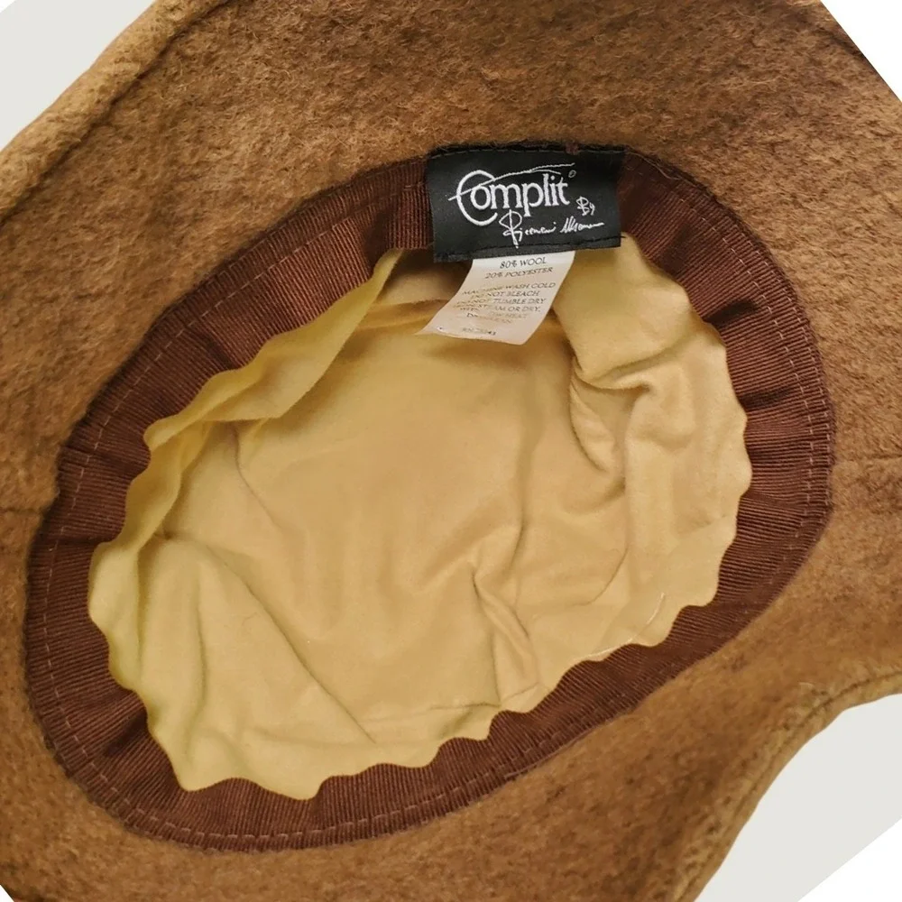 Complit Italy Handmade Wool Blend Cloche Bucket Hat Brown Floral Applique